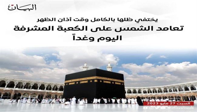 تعامد الشمس على الكعبة المشرفة اليوم وغداً