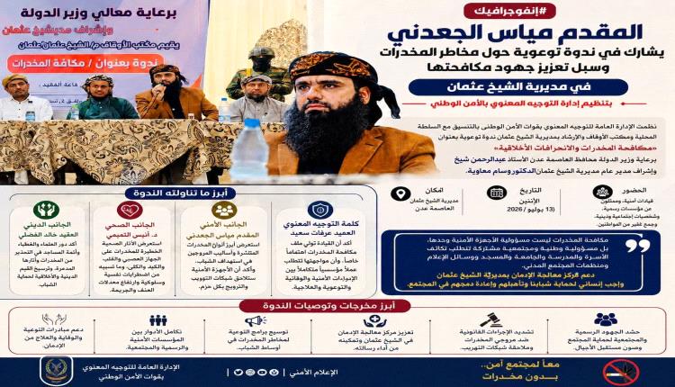 المقدم مياس الجعدني يشارك في ندوة توعوية حول مخاطر المخدرات وسبل مكافحتها بمديرية الشيخ عثمان
