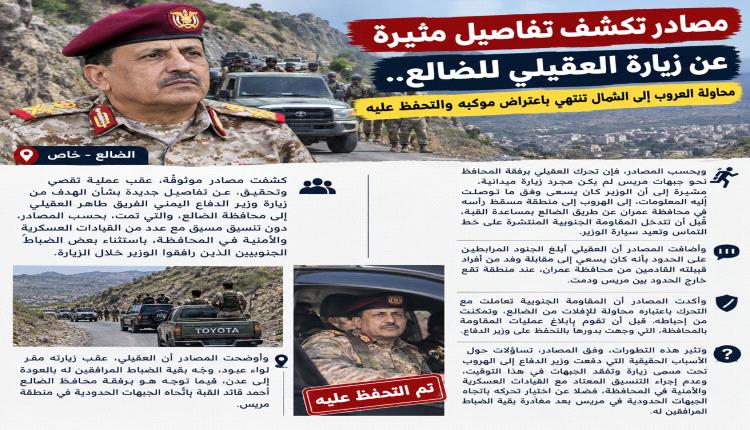 مصادر تكشف تفاصيل مثيرة عن زيارة العقيلي للضالع.. محاولة الهروب إلى الشمال تنتهي باعتراض موكبه والتحفظ عليه